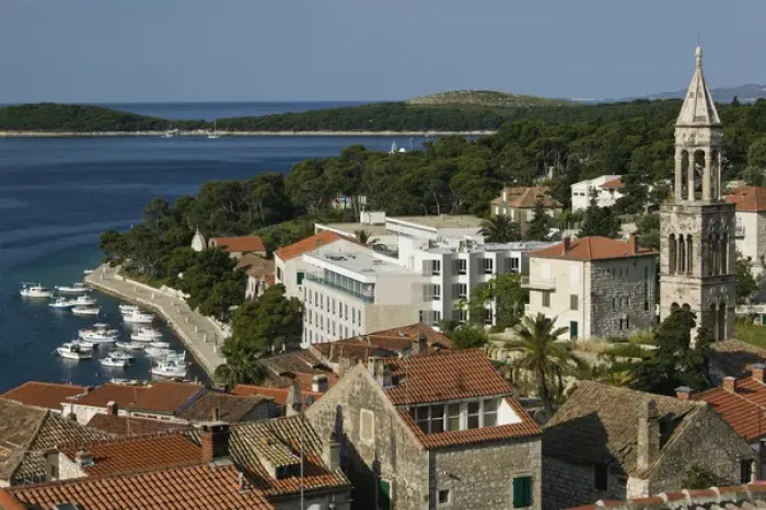 Framed Print : CROATIA, Southern Dalmatia, Hvar Island, Hvar Town. Hvar Yacht Harbor and St. Marko
