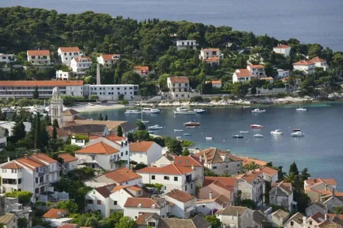 Framed Print : CROATIA, Southern Dalmatia, Hvar Island, Hvar Town. Overview of Hvar Town