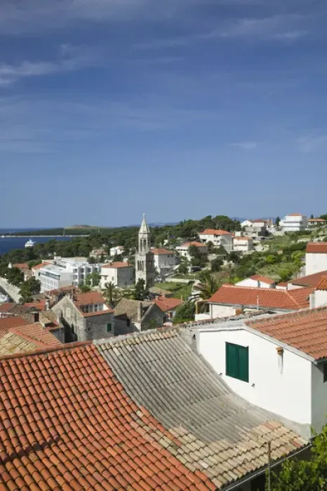 Framed Print : CROATIA, Southern Dalmatia, Hvar Island, Hvar Town. Overview of Hvar Town