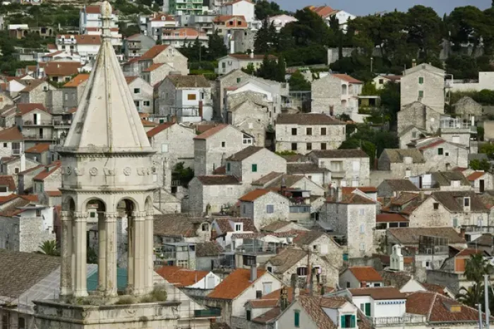 Framed Print : CROATIA, Southern Dalmatia, HVAR Island, HVAR TOWN. Town View with St. Marko Church