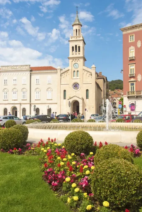 Framed Print : Croatia, Split. Church and Monastery of St. Francis and fountain of Franjo Tudman Square