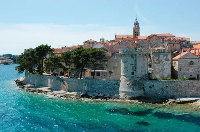 Framed Print : Croatia - view of Korcula town on Island of Korcula from Dubrovnik-Hvar Jadrolinija
