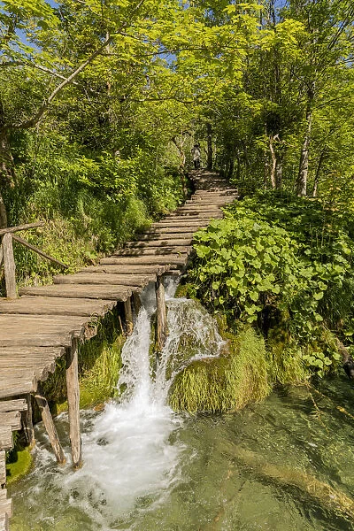 Croatia. Waterfall under walkway in Plitvice National Park