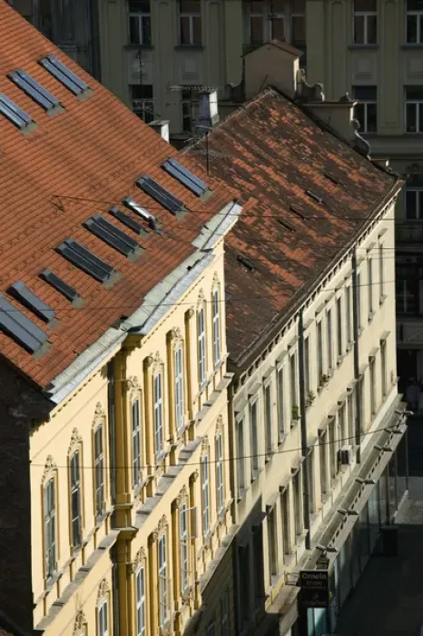 Framed Print : Croatia-Zagreb. Old Town Zagreb-Buildings by Finicular Railway