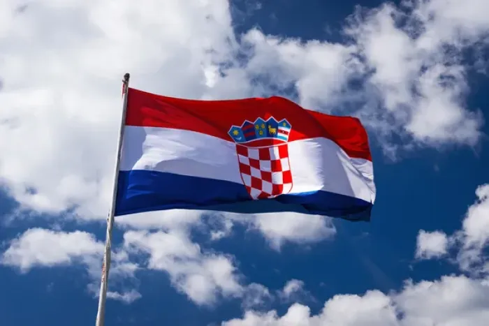 Framed Print : Croatian flag against blue sky and clouds, Ston, Croatia