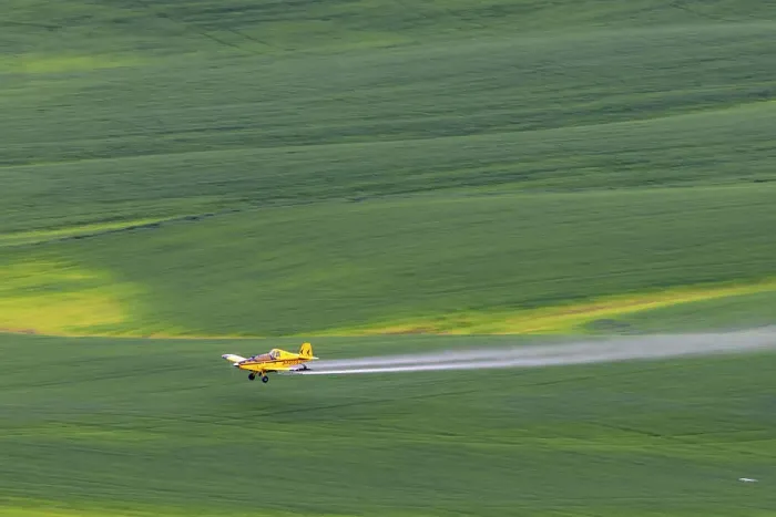 Framed Print : Crop duster applying chemicals on wheat fields from Steptoe Butte near Colfax, Washington State, USA Framed Print : Crop duster applying chemicals on wheat fields from Steptoe Butte near Colfax, Washington State, USA