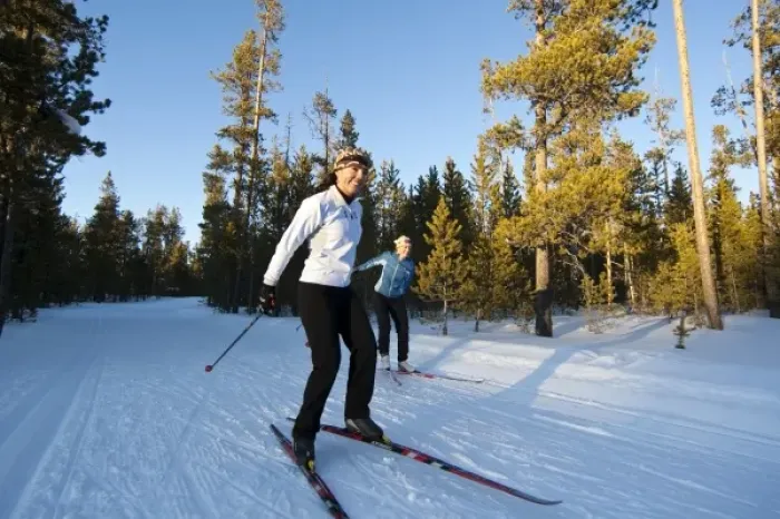 Framed Print : Cross country skiers on the Rendezvous ski trails in West Yellowstone, Montana, USA (MR)