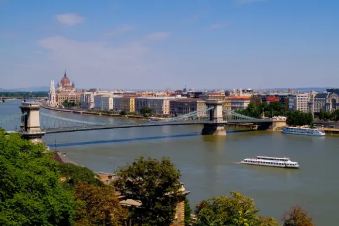 Framed Print : Cruise river boat taken from hill overlooking Chain Bridge Danube River and Parliament