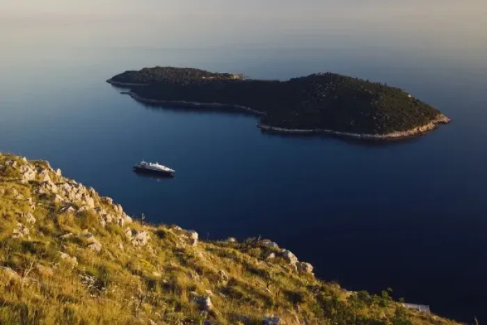 Framed Print : Cruise ship in the Adriatic Sea approaching the historic harbor of Dubrovnik, Croatia