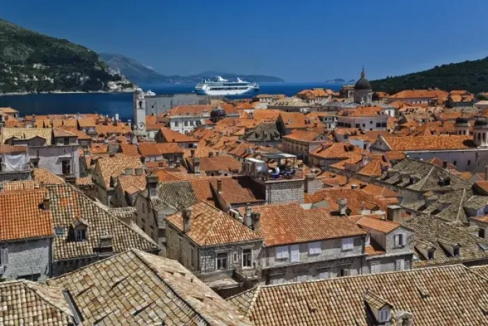 Framed Print : Cruise ship docked in the historic harbor of Dubrovnik, Croatia along the Adriatic
