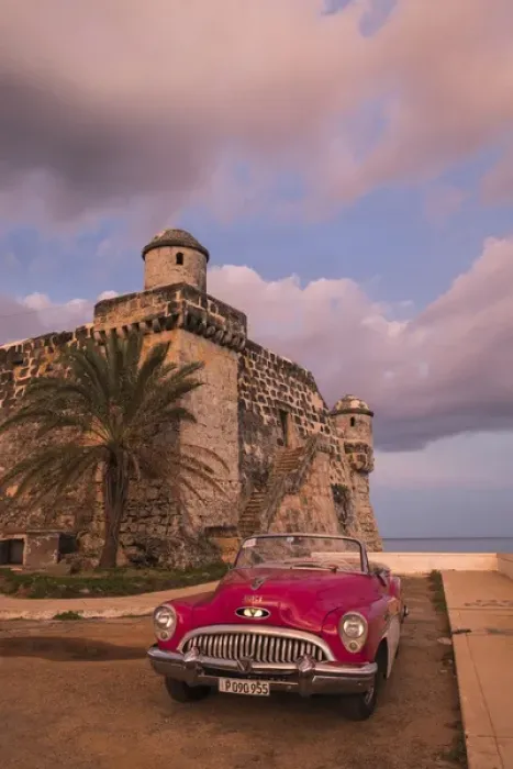 Framed Print : Cuba, Cojimar. Classic American car parked in front of a fort Framed Print : Cuba, Cojimar. Classic American car parked in front of a fort