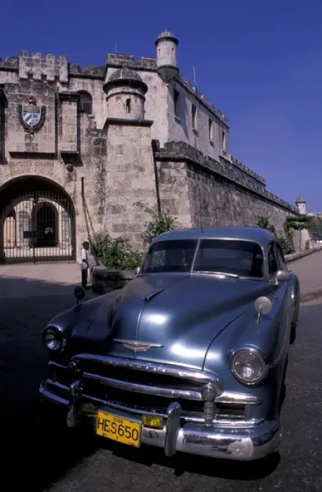 Framed Print : Cuba, Havana. Classic 1950s auto at National Police Revolution Framed Print : Cuba, Havana. Classic 1950s auto at National Police Revolution