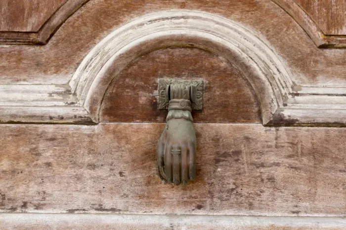 Framed Print : Cuba, Havana, Colon Cemetery. Hand door knocker on chapel
