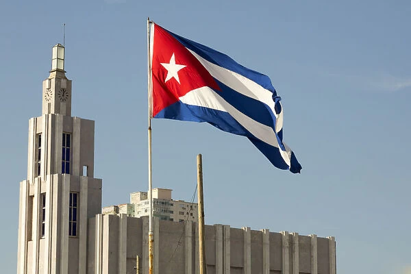 Cuba, Havana. Cuban flag blowing in the wind