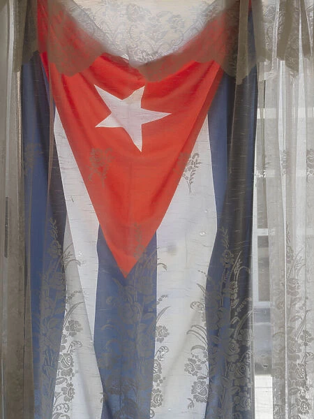Cuba, Havana, Cuban flag in window