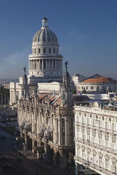 Cuba, Havana, elevated city view towards the Capitolio Nacional, morning with El