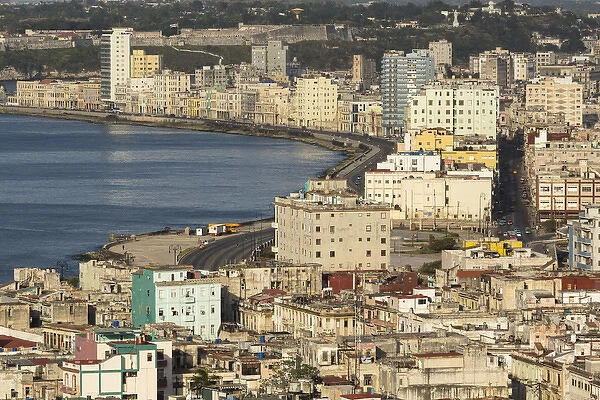 Cuba, Havana. An elevated view of the city skyline showing the bay and Malecon