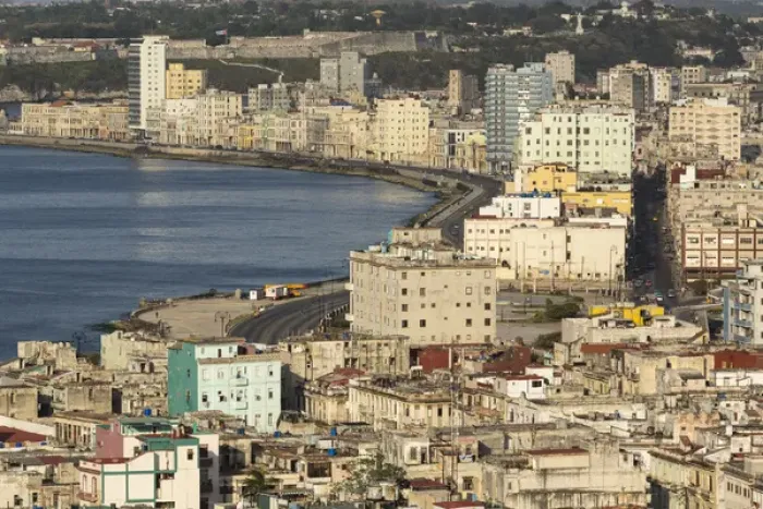 Framed Print : Cuba, Havana. An elevated view of the city skyline showing the bay and Malecon