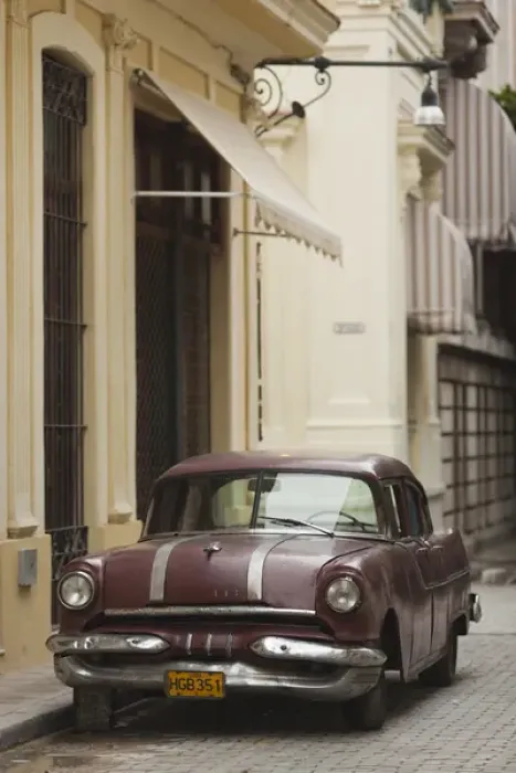 Framed Print : Cuba, Havana, Havana Vieja, morning view of Old Havana street with 1950s-era US car