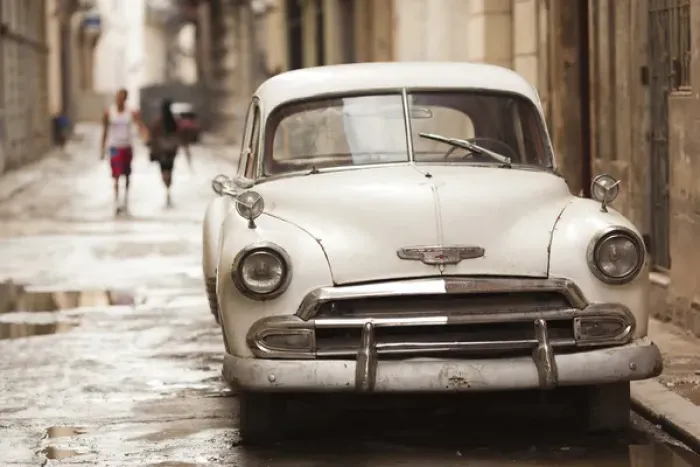 Framed Print : Cuba, Havana, Havana Vieja, morning view of Old Havana street with 1950s-era US car Framed Print : Cuba, Havana, Havana Vieja, morning view of Old Havana street with 1950s-era US car