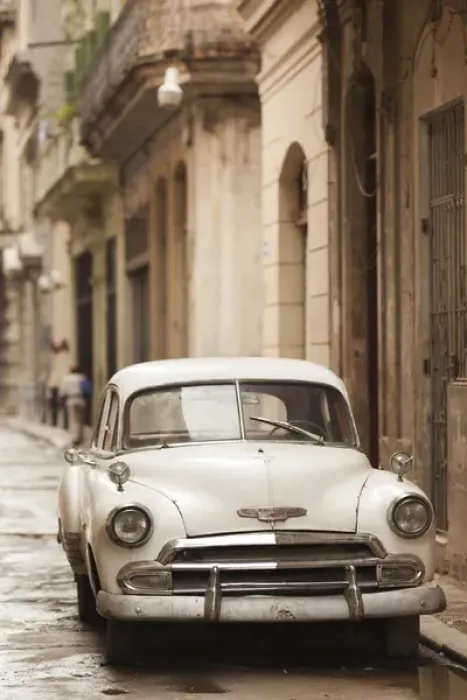 Framed Print : Cuba, Havana, Havana Vieja, morning view of Old Havana street with 1950s-era US car