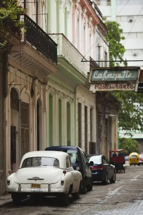 Framed Print : Cuba, Havana, Havana Vieja, morning view of Old Havana street with 1950s-era US car Framed Print : Cuba, Havana, Havana Vieja, morning view of Old Havana street with 1950s-era US car