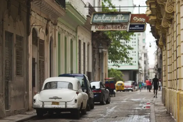 Framed Print : Cuba, Havana, Havana Vieja, morning view of Old Havana street with 1950s-era US car