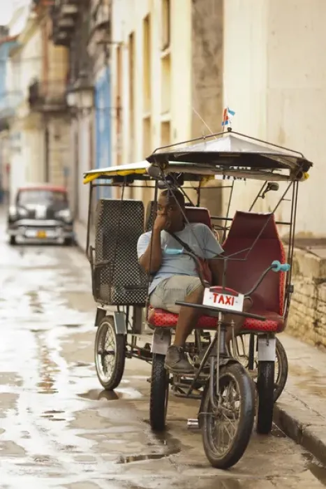 Framed Print : Cuba, Havana, Havana Vieja, pedal taxi with driver, NR Framed Print : Cuba, Havana, Havana Vieja, pedal taxi with driver, NR