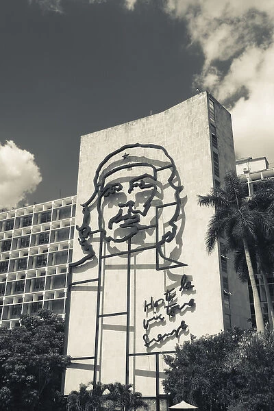 Cuba, Havana, Vedado, Plaza de la Revolucion, Interior Ministry with portrait of