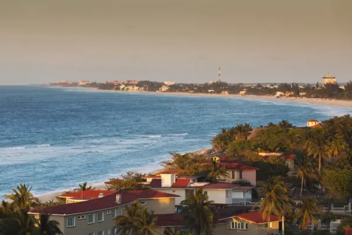 Framed Print : Cuba, Matanzas Province, Varadero, Varadero Beach, elevated view, dusk
