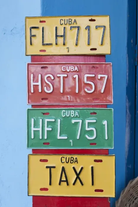 Framed Print : Cuba, Sancti Spiritus Province, Trinidad, Cuban souvenir license plates