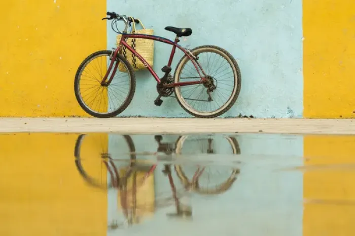 Framed Print : Cuba, Trinidad. Bicycle and reflection against yellow and blue walls Framed Print : Cuba, Trinidad. Bicycle and reflection against yellow and blue walls