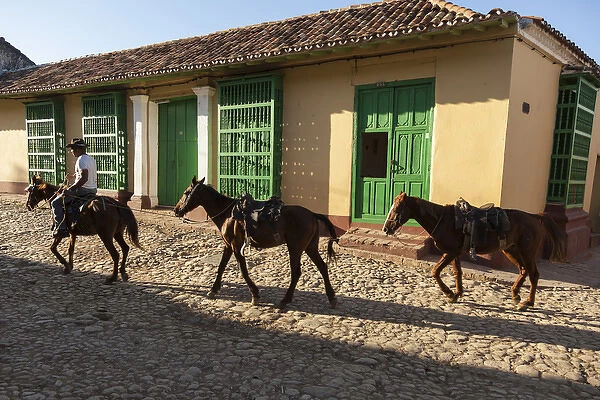 Cuba, Trinidad. Pulling horses along cobblestone street