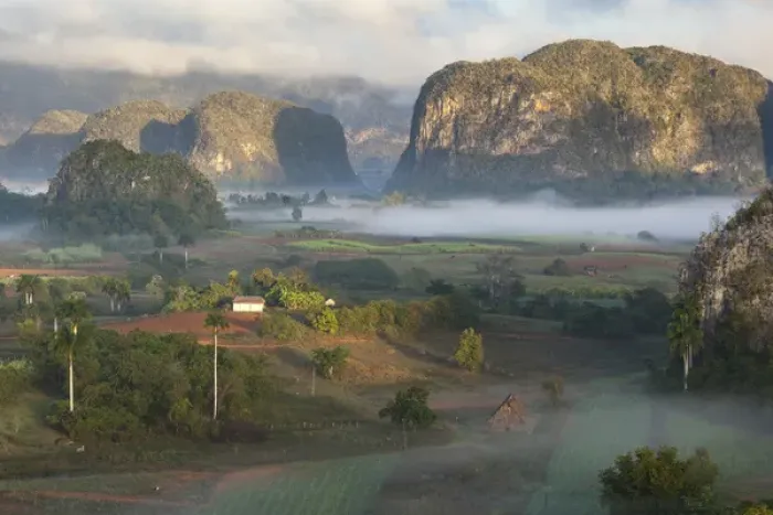 Framed Print : Cuba, Vinales. Morning fog blankets the Vinales valley, a farming region rich in tobacco