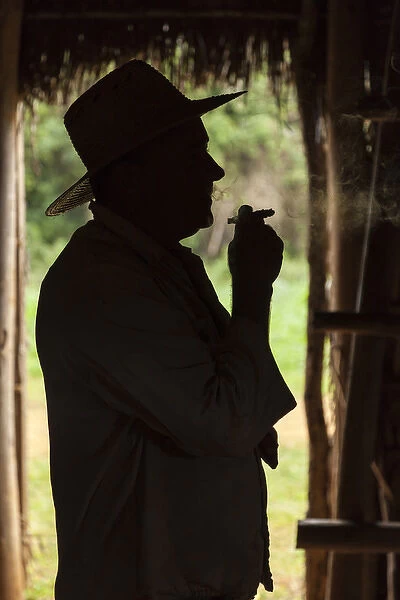 Cuba, Vinales. Silhouette of a tobacco farmer smoking a cigar