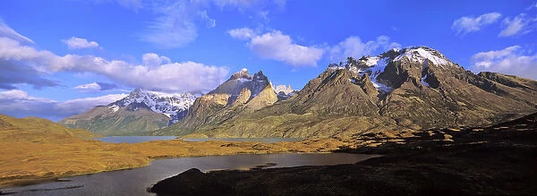 Cumbres, Torres and Cuernos del Paine in the Paine Mountains during sunrise with Lago Nordenskjoeld