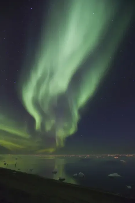 Framed Print : Curtains of Aurora Borealis are reflected in a perfectly calm Arctic Ocean, dotted Framed Print : Curtains of Aurora Borealis are reflected in a perfectly calm Arctic Ocean, dotted