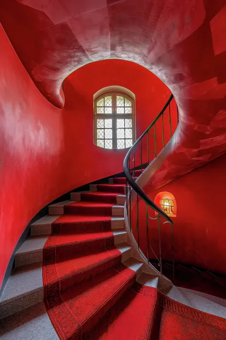 Framed Print : Curved stairway with window and carpet. (AI Generated)