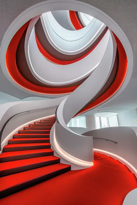 Framed Print : Curved stairway with window and carpet. (AI Generated) Framed Print : Curved stairway with window and carpet. (AI Generated)