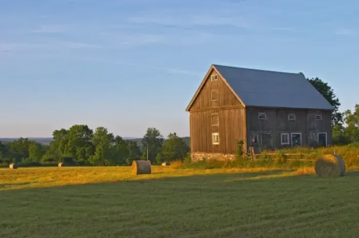Framed Print : Cut field with hay bales at sunrise. Old farm house barn. Traditional style Swedish
