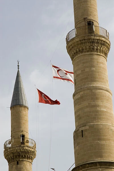 Cyprus, Lefkosa (Nicosia north), minarets and Turkish flag of Selimiye mosque, former