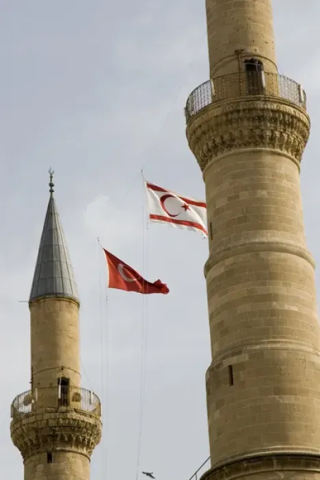 Framed Print : Cyprus, Lefkosa (Nicosia north), minarets and Turkish flag of Selimiye mosque, former Framed Print : Cyprus, Lefkosa (Nicosia north), minarets and Turkish flag of Selimiye mosque, former