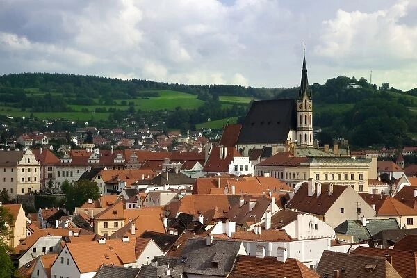 Czech Republic, Cesky Krumlov. Overview of the town and green hills