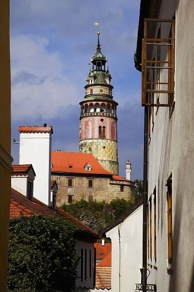 Czech Republic, Cesky Krumlov. View of the Chateau tower and the Cesky Krumlov Castle