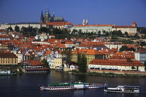 Czech Republic, Prague. Overview of capital city including cathedral, Vltava River