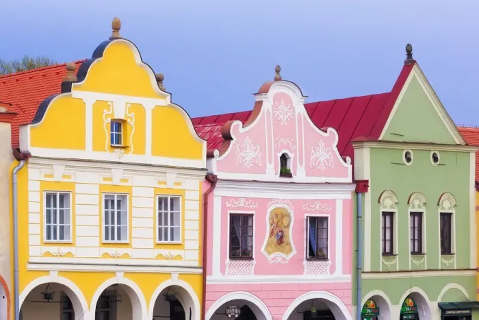Framed Print : Czech Republic, Telc. Colorful houses on main square Framed Print : Czech Republic, Telc. Colorful houses on main square