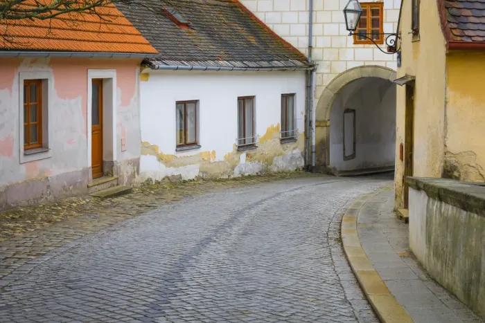 Framed Print : Czech Republic, Telc. Town road past houses Framed Print : Czech Republic, Telc. Town road past houses