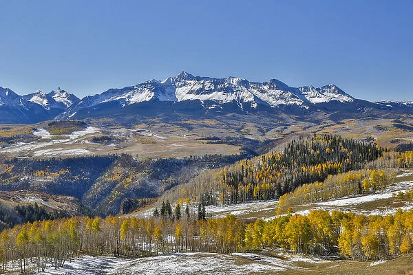 Dallas Mountain and San Juan Mountain Range, Colorado, Autumn colors and aspens glowing