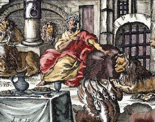 Daniel in the lions den. Colored engraving