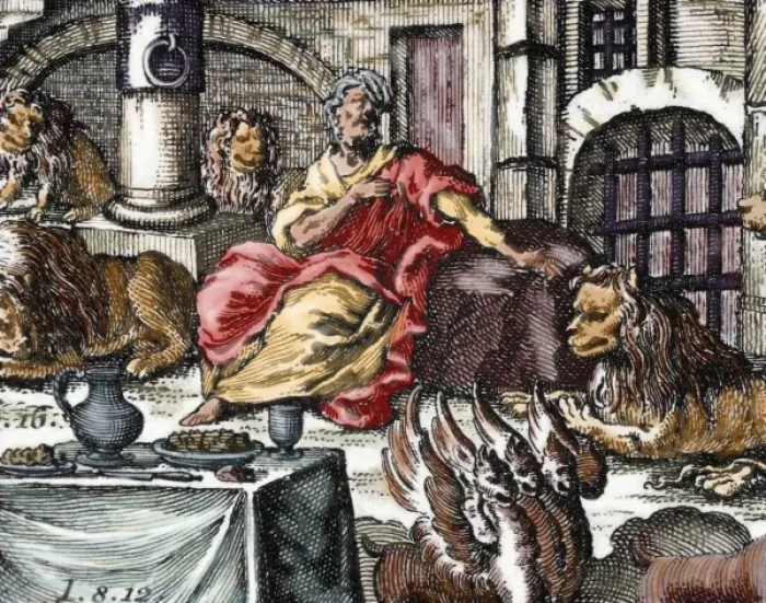 Framed Print : Daniel in the lions den. Colored engraving Framed Print : Daniel in the lions den. Colored engraving